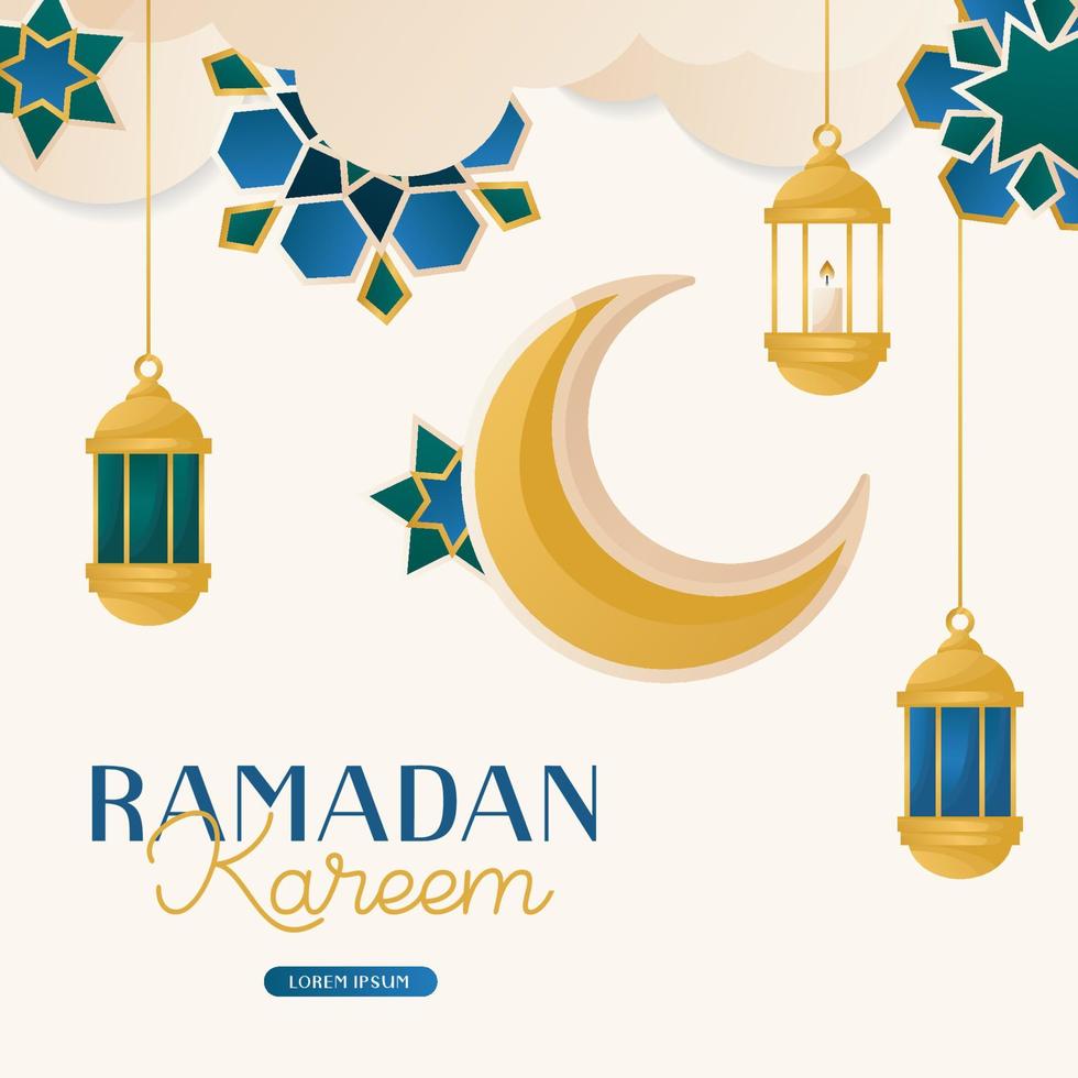 cartão ramadan kareem com lua crescente, lanternas tradicionais. convites com padrões geométricos islâmicos, arabescos. glorioso mês do ano muçulmano, feriado sagrado. banner, panfleto, publicidade. vetor