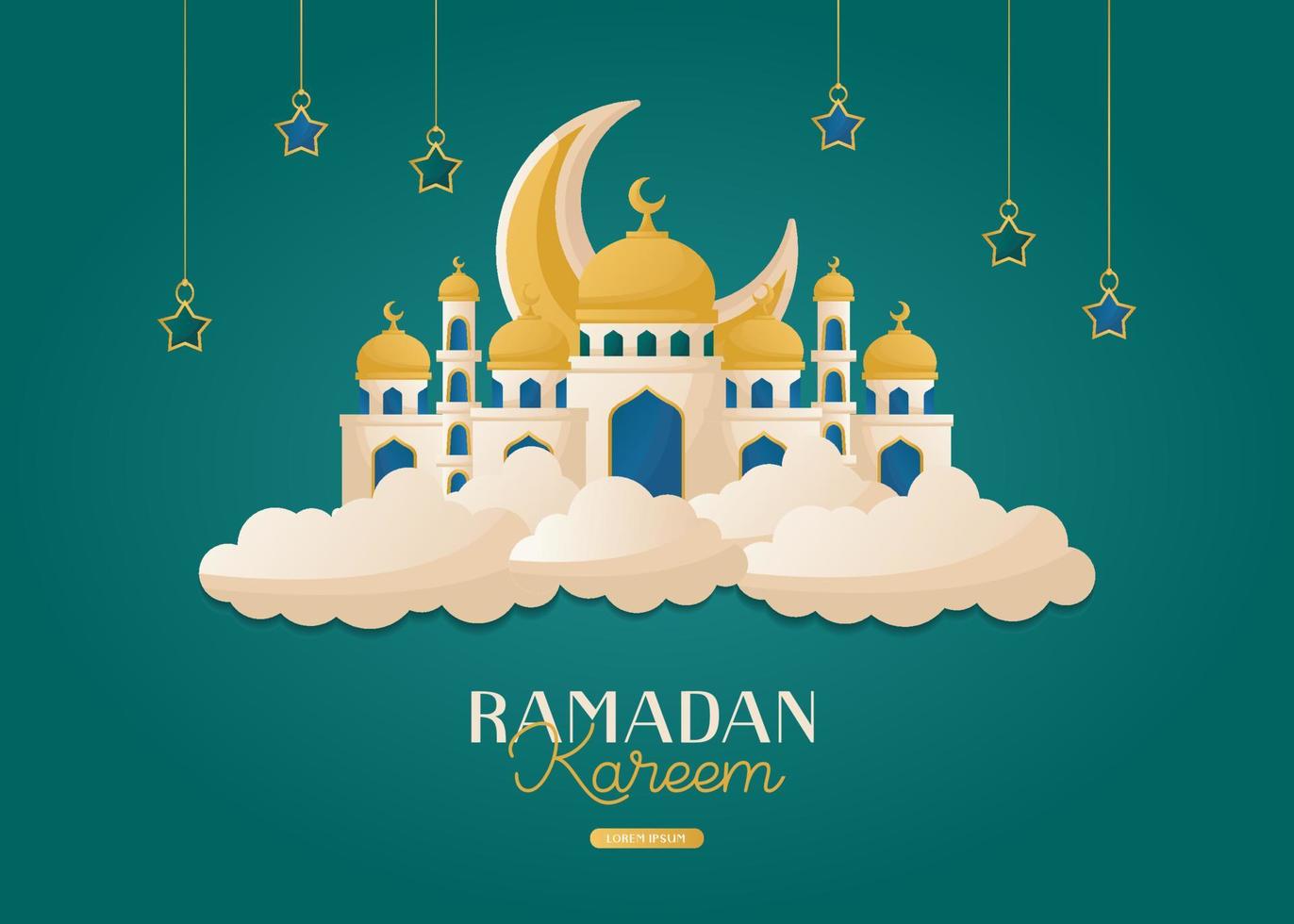 cartão ramadan kareem com lua crescente, mesquita tradicional. convites com padrões geométricos islâmicos, arabescos. glorioso mês do ano muçulmano, feriado sagrado. banner, panfleto, publicidade. vetor