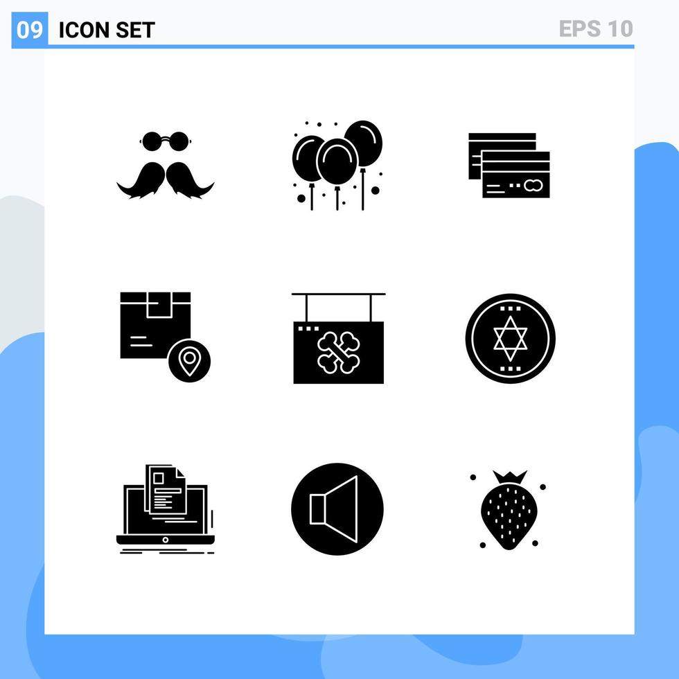 conjunto de pictogramas de 9 glifos sólidos simples de decoração de dinheiro de entrega, cartões financeiros, elementos de design vetorial editáveis vetor