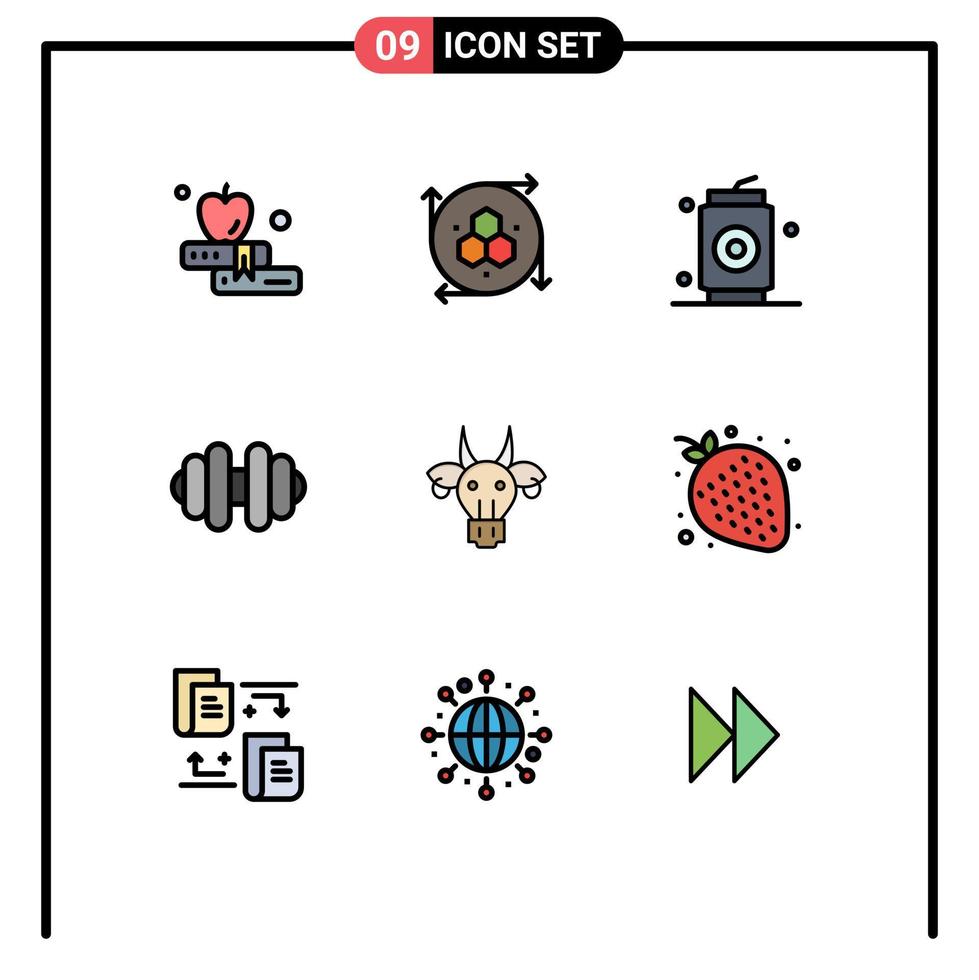 conjunto de cores planas de linha preenchida de interface móvel de 9 pictogramas de crânio touro pode animais esportes elementos de design de vetores editáveis