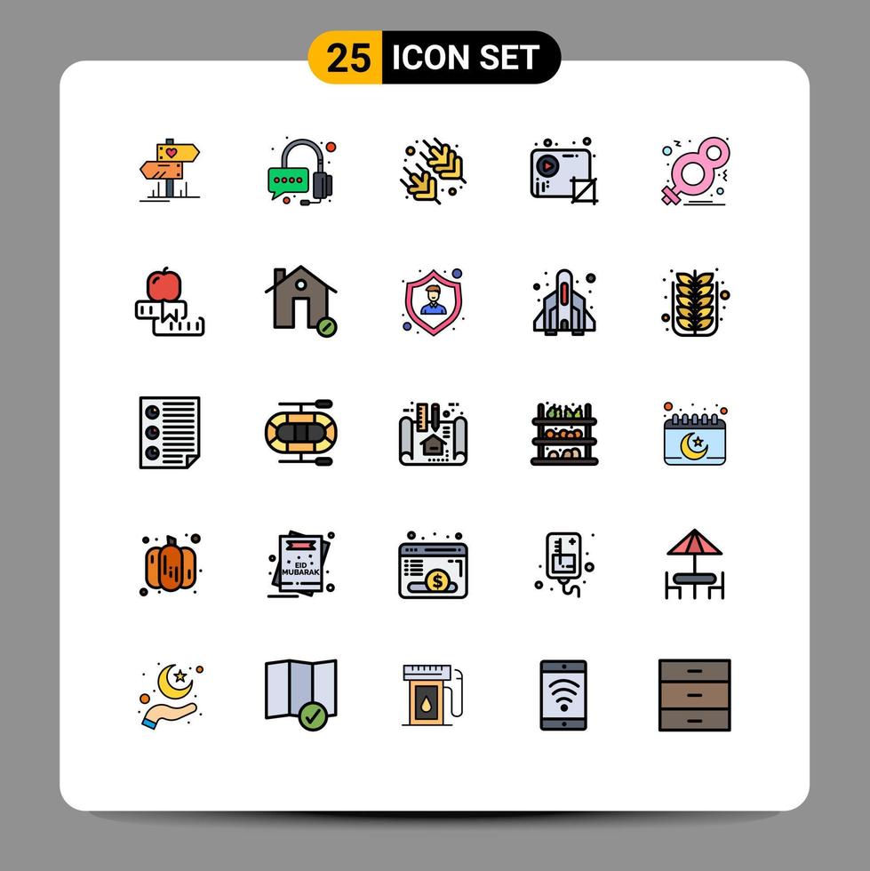 Pacote de cores planas de linha cheia de 25 interfaces de sinais e símbolos modernos de elementos de design de vetores editáveis de mídia de vídeo de supermercado do dia feminino