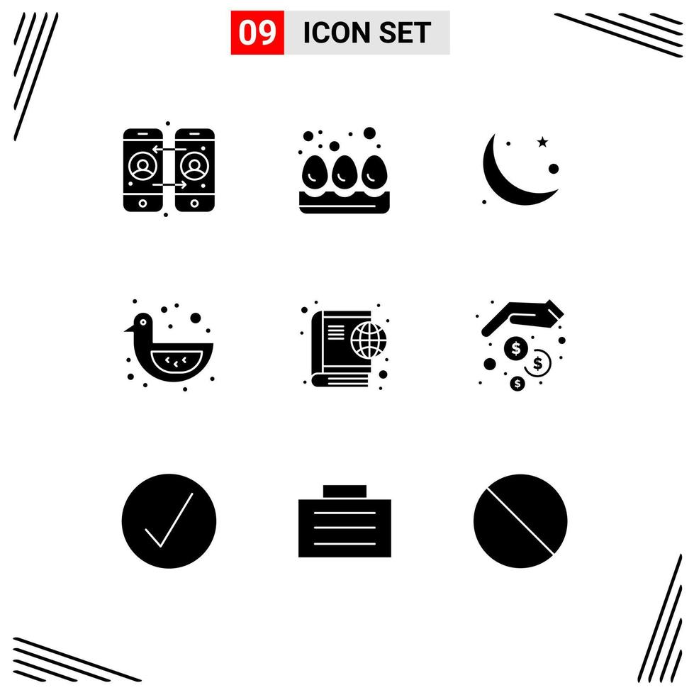 conjunto de 9 sinais de símbolos de ícones de interface do usuário modernos para internet livro lua brinquedo pato editável elementos de design vetorial vetor