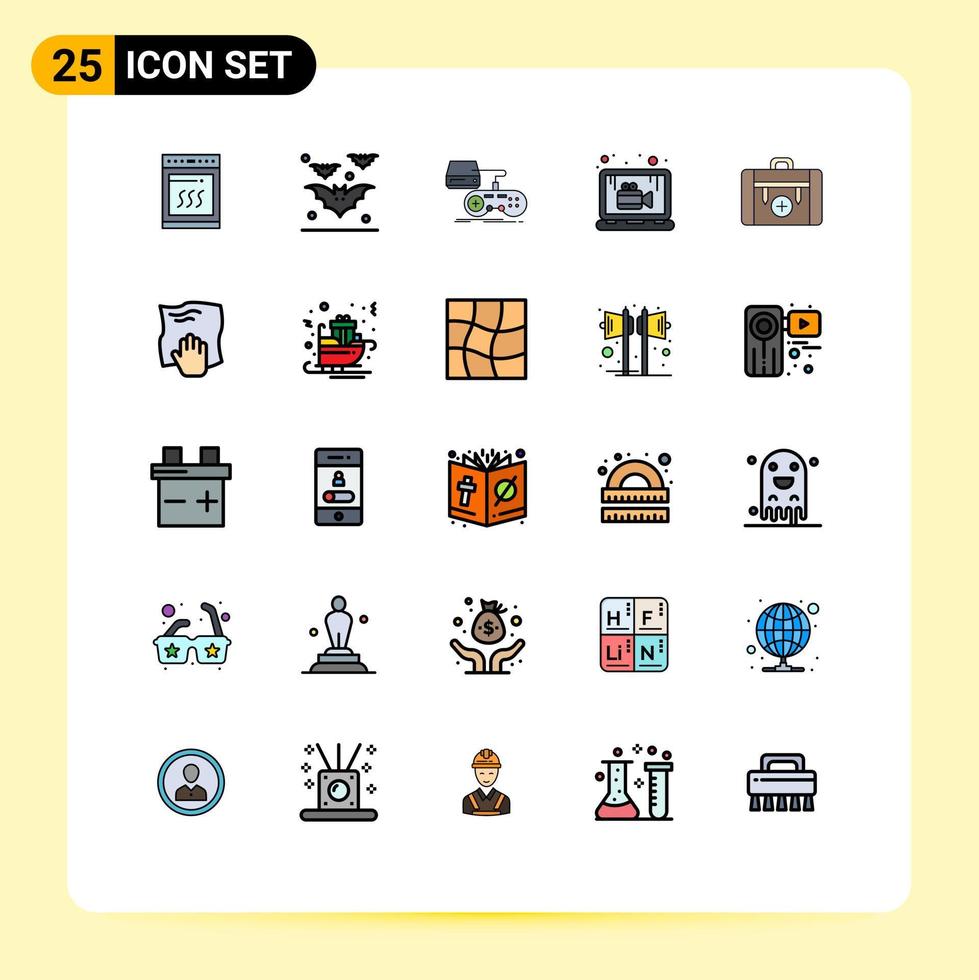 conjunto de 25 cores planas de linha preenchida comercial para tutoriais de bolsa console de reprodução de vídeo elementos de design de vetores editáveis