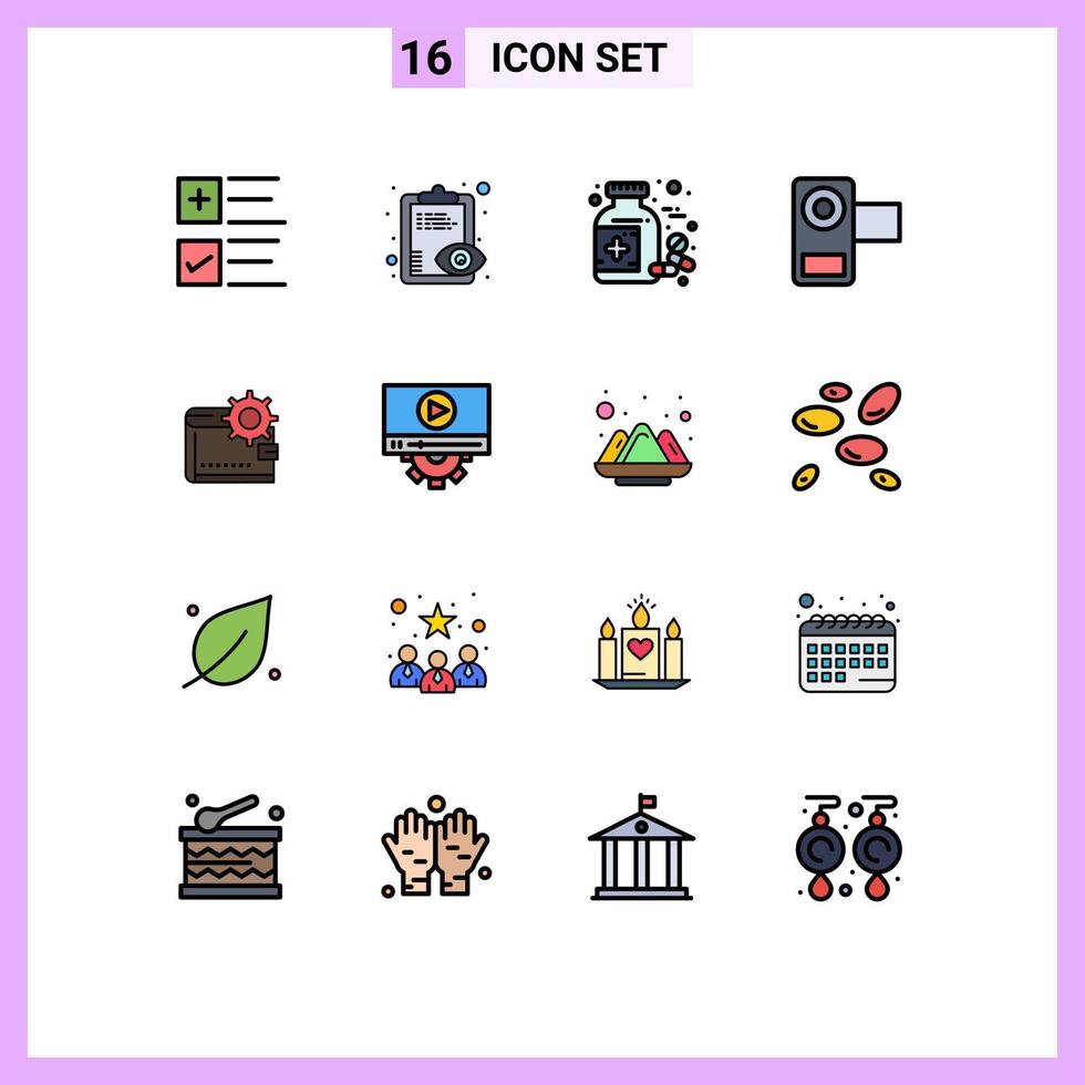 16 interface de usuário pacote de linha cheia de cores planas de sinais e símbolos modernos de carteira filme garrafa mídia câmera editável elementos de design de vetor criativo