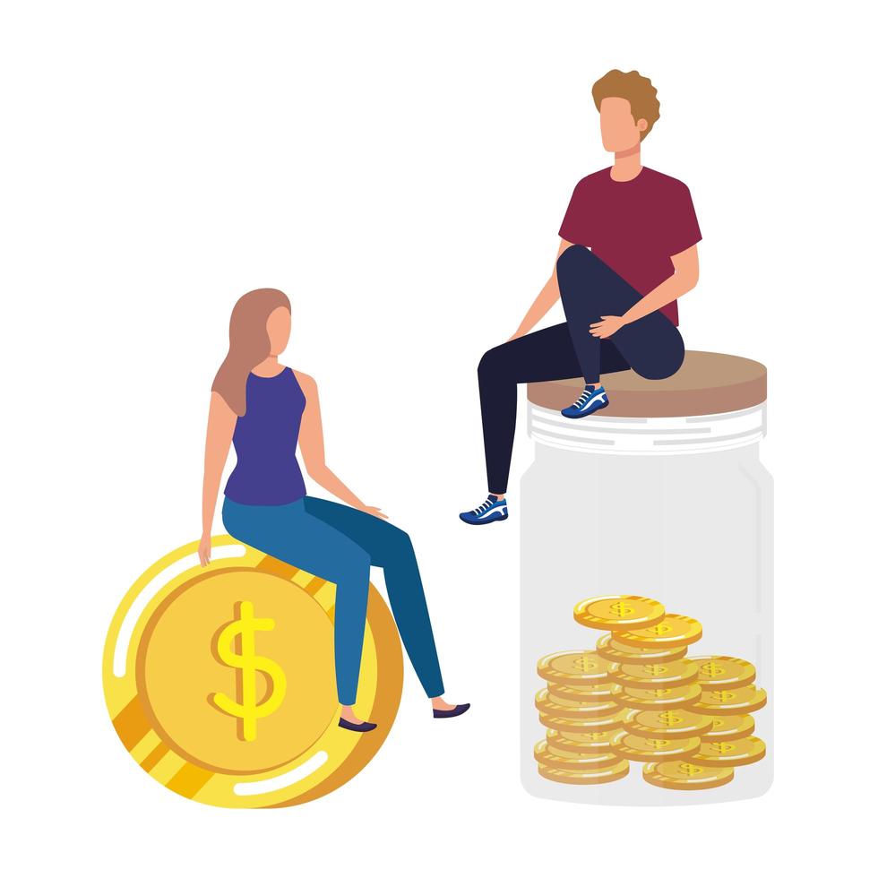 jovem casal com personagens de avatares de moedas e dinheiro vetor