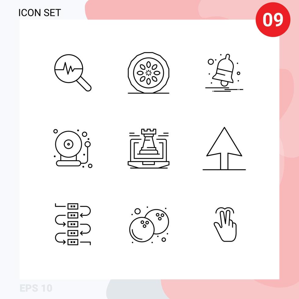 conjunto de esboço de interface móvel de 9 pictogramas de elementos de design de vetores editáveis de alerta de torta de alarme de castelo