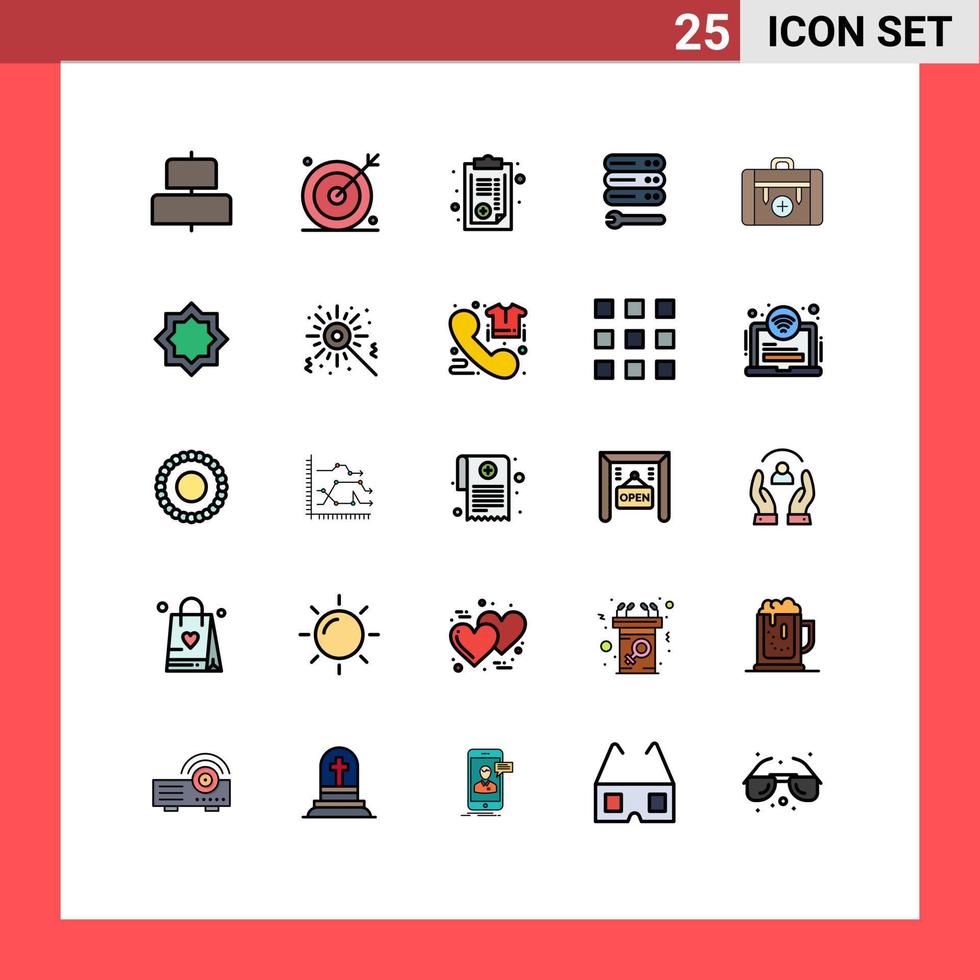 pacote de interface de usuário de 25 cores planas de linha preenchida básica de elementos de design de vetores editáveis de servidor de chave de documento da web de acampamento