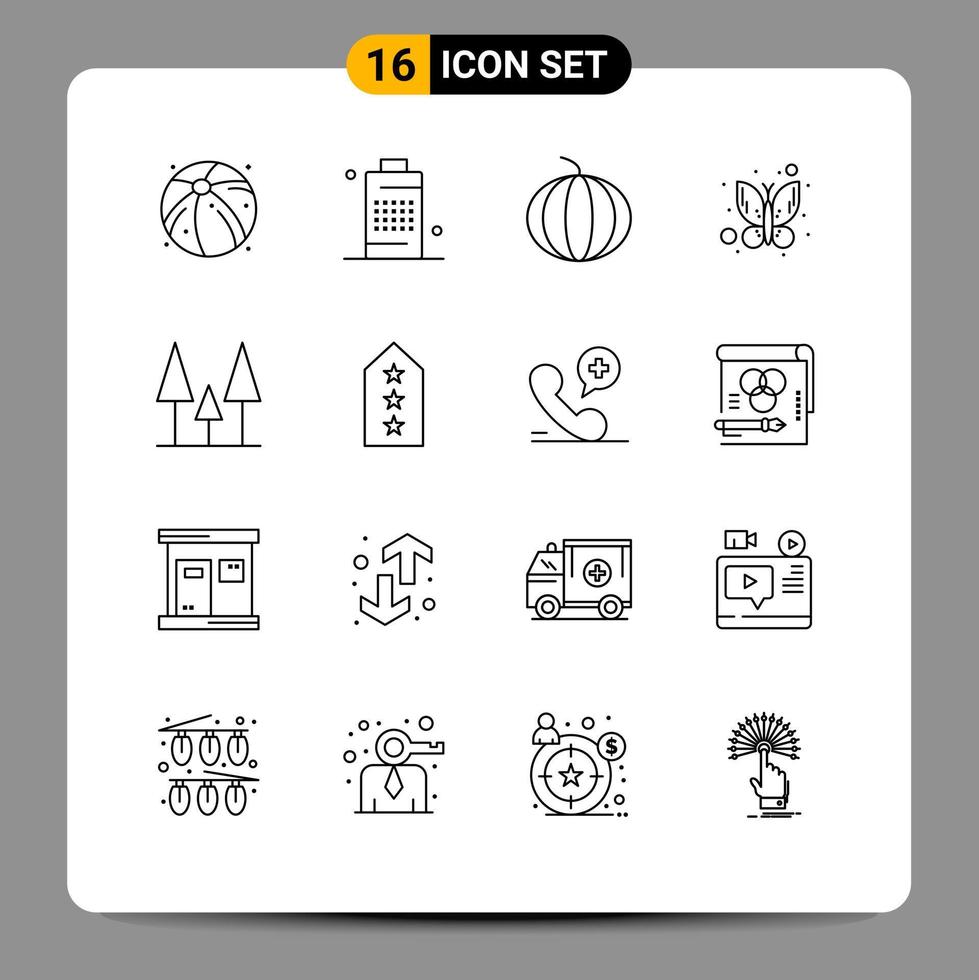 16 ícones criativos, sinais e símbolos modernos de árvores de classificação, frutas, natureza, insetos, vetores editáveis, elementos de design