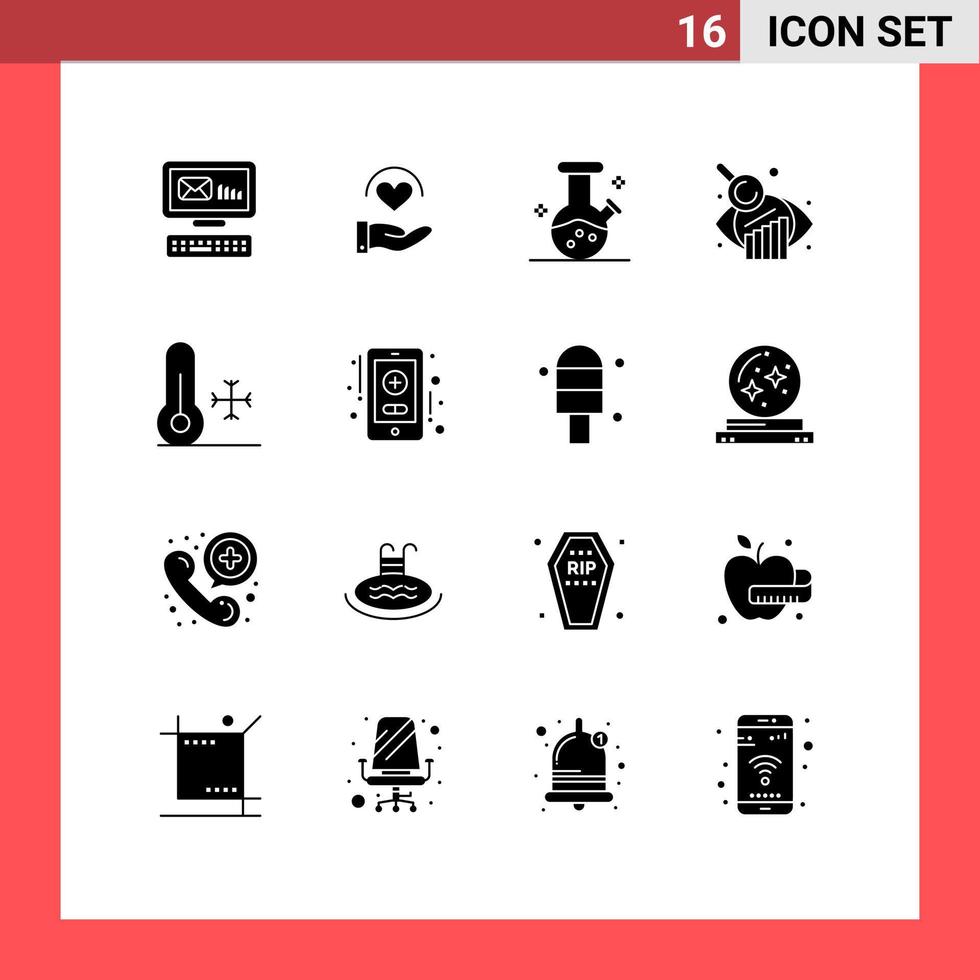 conjunto de pictogramas de 16 glifos sólidos simples de frasco de demonstração de temperatura do tempo, análise gráfica da natureza, elementos de design de vetores editáveis