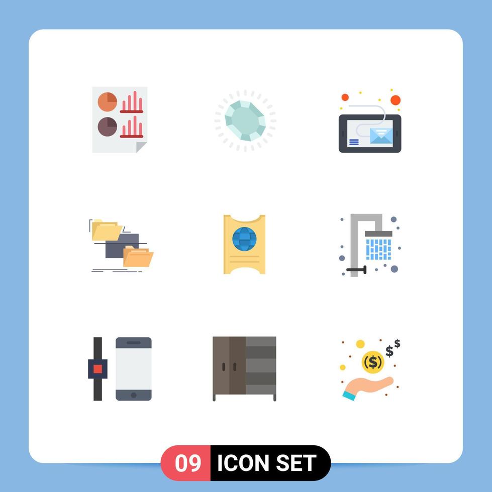 pacote de 9 sinais e símbolos modernos de cores planas para mídia de impressão na web, como mover arquivo, pasta de loop, mensagem, elementos de design de vetores editáveis
