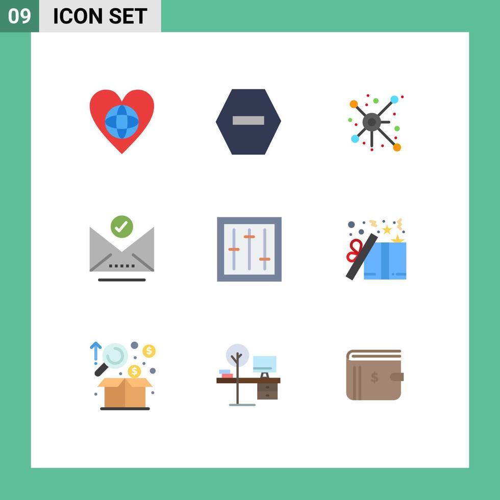 pacote de 9 sinais e símbolos modernos de cores planas para mídia de impressão na web, como dj select, distribuição de letras, elementos de design de vetores editáveis