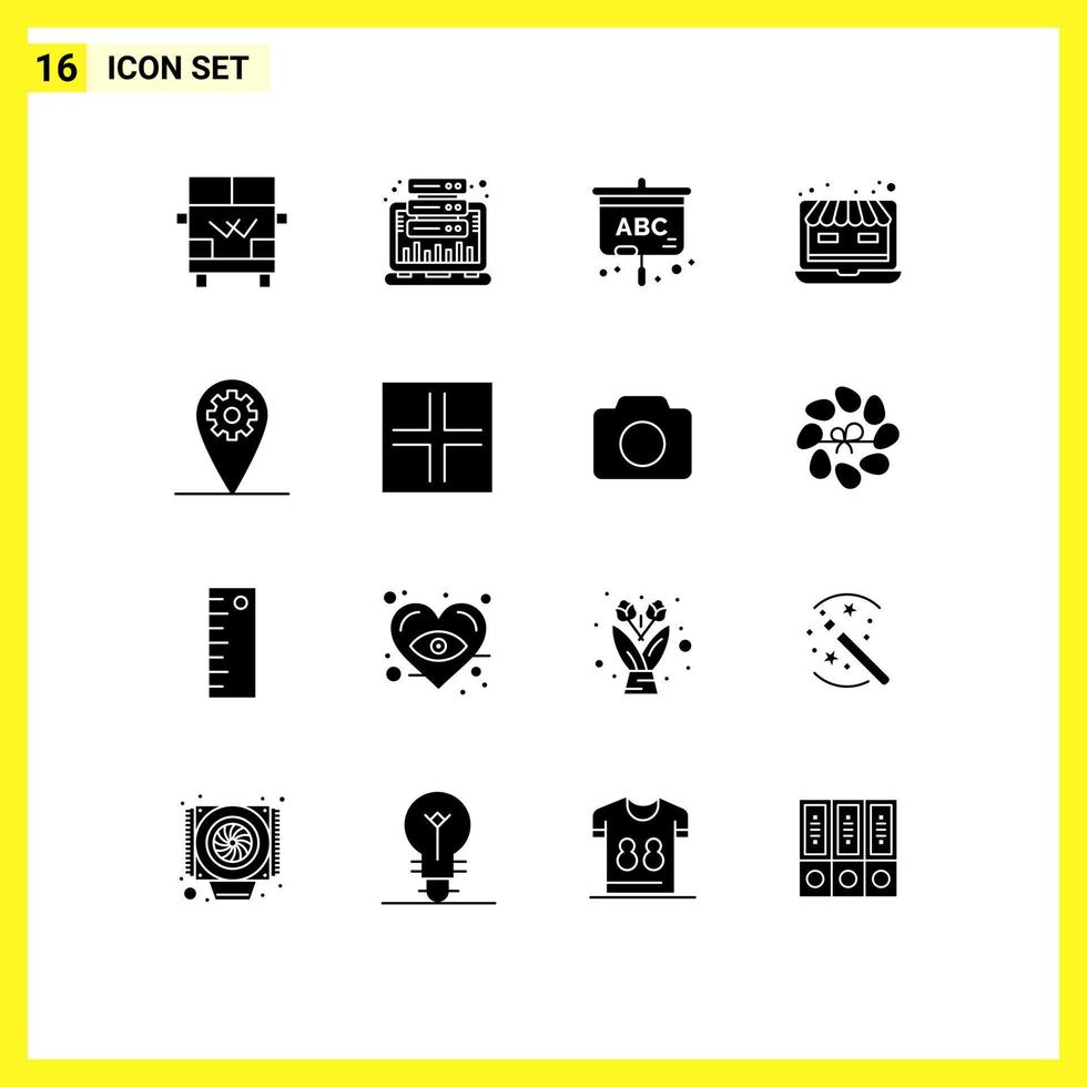 grupo de 16 sinais e símbolos de glifos sólidos para definir elementos de design de vetores editáveis de laptops da web de loja on-line