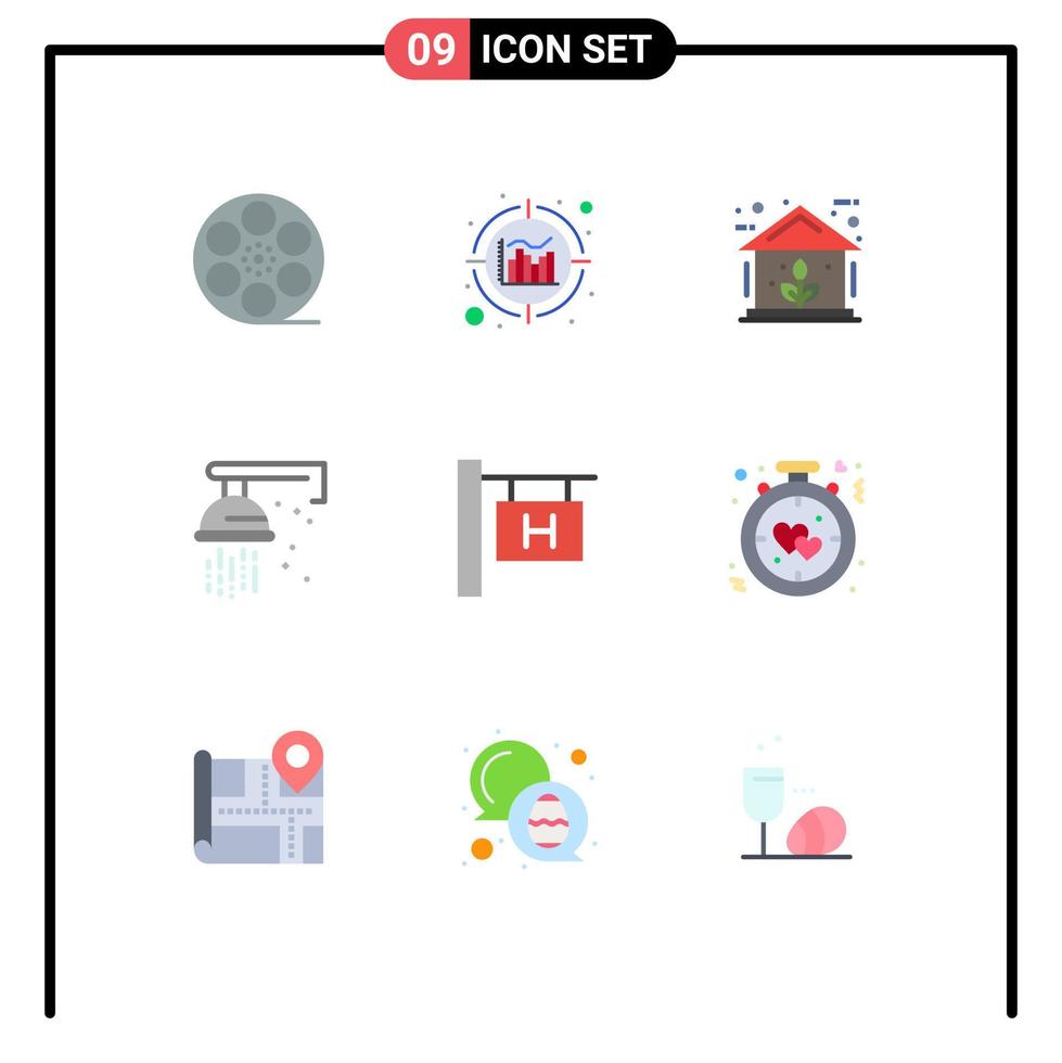 pacote de 9 sinais e símbolos modernos de cores planas para mídia impressa na web, como sinal de hotel de férias, chuveiro verde, encanador, elementos de design vetorial editáveis vetor