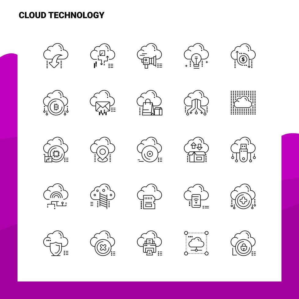 conjunto de ícones de linha de tecnologia de nuvem conjunto de 25 ícones vector design de estilo minimalista ícones pretos conjunto de pictograma linear pacote