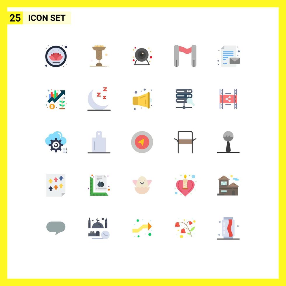 25 sinais universais de cores planas, símbolos de mensagem de crescimento, papel de webcam, início, elementos de design de vetores editáveis