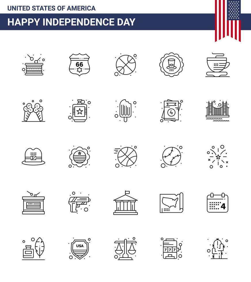 feliz dia da independência pacote de 25 linhas sinais e símbolos para chá sinal segurança bebida dia editável eua dia vetor elementos de design