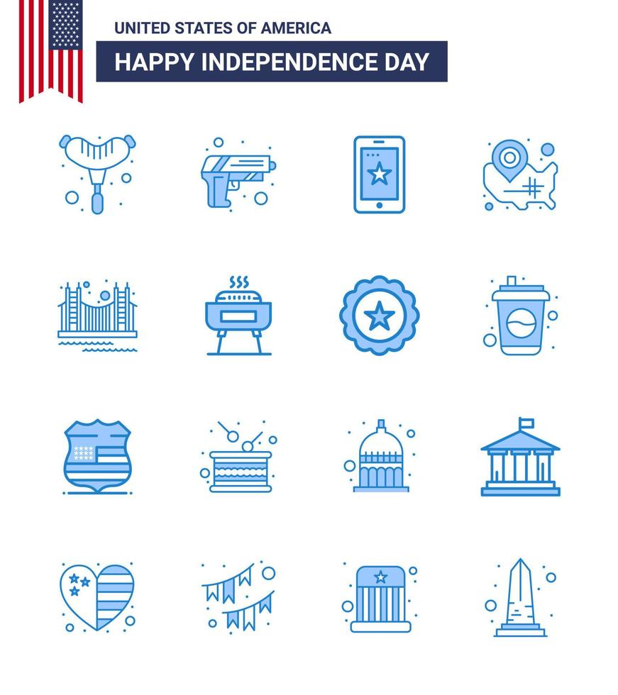 4 de julho eua feliz dia da independência ícone símbolos grupo de 16 azuis modernos do pino de localização do portão telefone estados de wisconsin editáveis elementos de design do vetor do dia dos eua