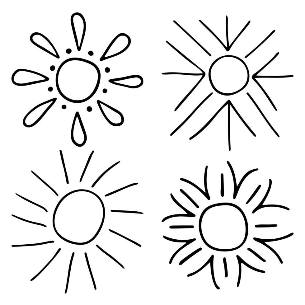 doodle contornos do sol. desenho vetorial de raios solares. variedade de raios solares vetor