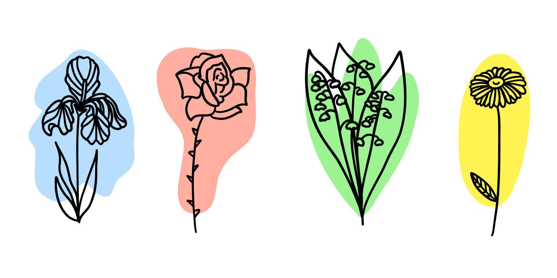 flores com pincel colorido definido no estilo cartoon doodle plana. ilustração vetorial em fundo branco. vetor