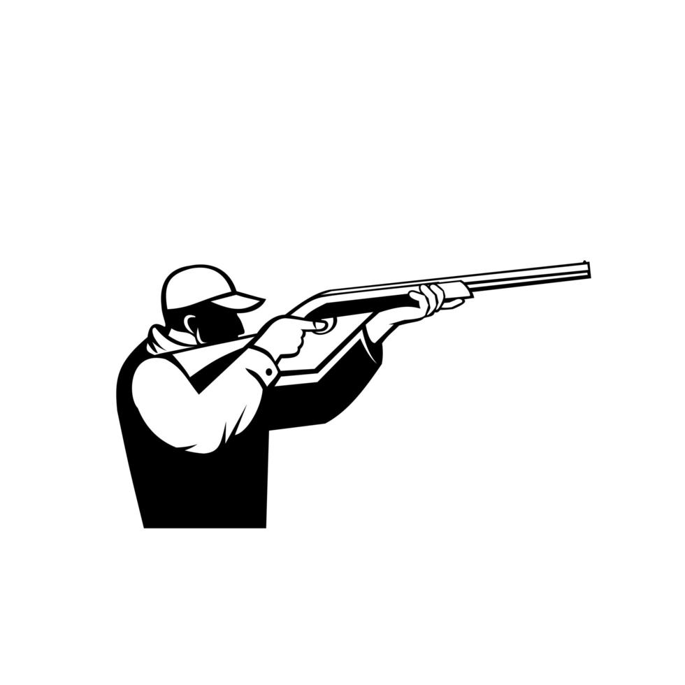 caçador de pássaros ou atirador de pato mirando um rifle de espingarda vista lateral retro preto e branco vetor