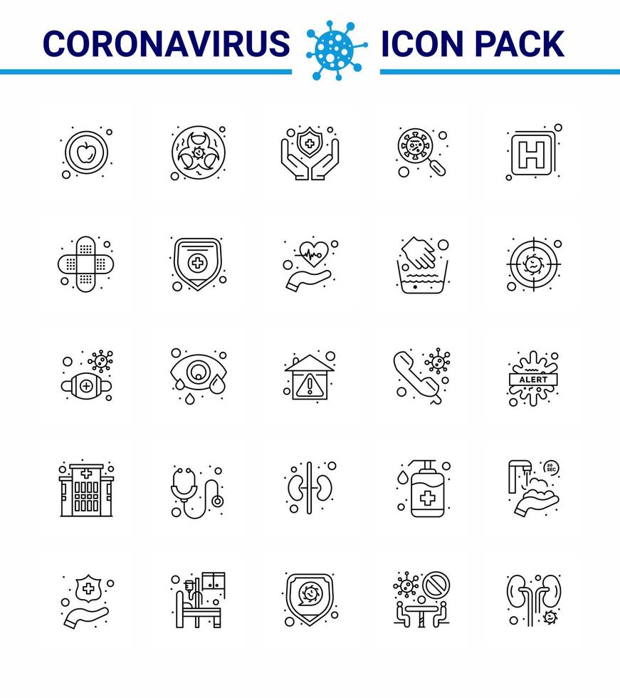 ícones de conscientização de coronavírus 25 ícone de linha corona vírus relacionado à gripe, como hospital, ampliação, interface médica, devírus viral, elementos de design de vetor de doença de 2019nov
