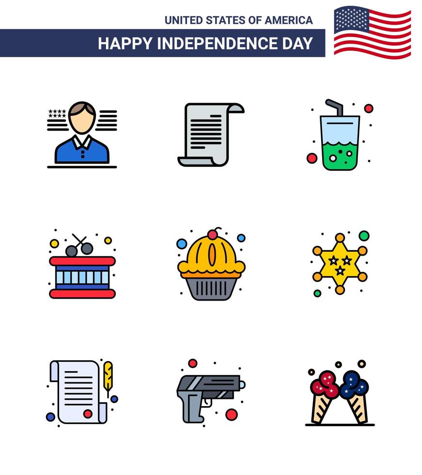 feliz dia da independência eua pacote de 9 linhas planas criativas cheias de muffin de bolo bebida instrumento americano editável dia dos eua elementos de design vetorial vetor