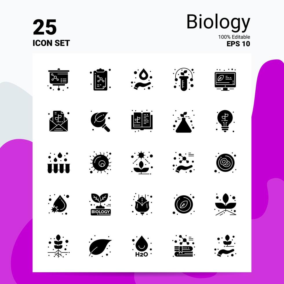25 conjunto de ícones de biologia 100 eps editáveis 10 arquivos idéias de conceito de logotipo de negócios design de ícone de glifo sólido vetor