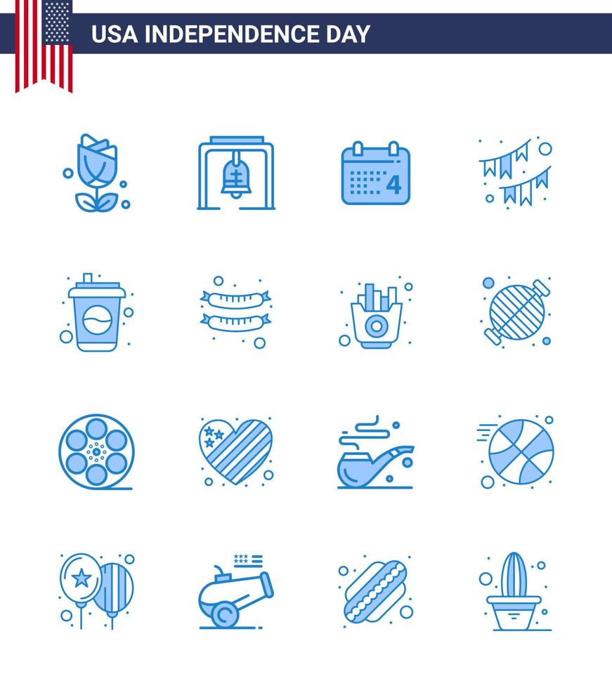 conjunto de 16 blues vetoriais em 4 de julho dia da independência dos eua, como decoração de calendário de festa de garrafa americana editável elementos de design de vetor de dia dos eua