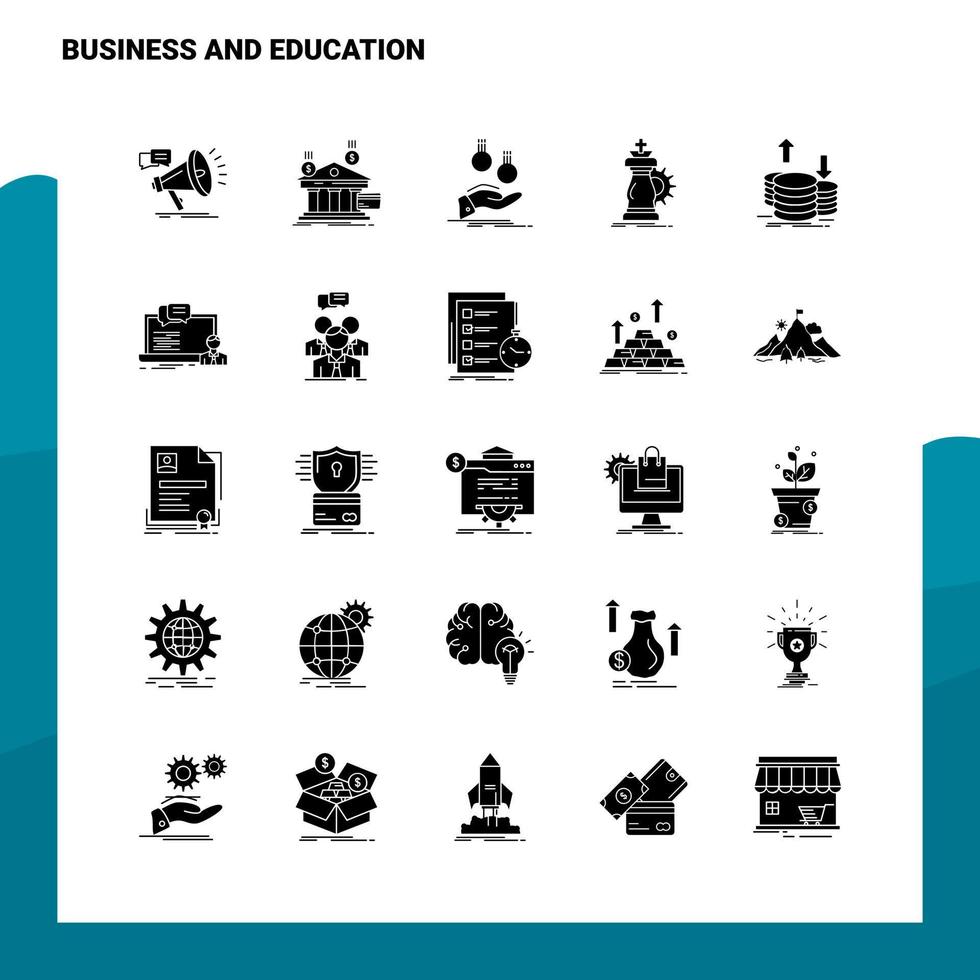 25 conjunto de ícones de negócios e educação modelo de ilustração vetorial de ícone de glifo sólido para web e ideias móveis para empresa de negócios vetor