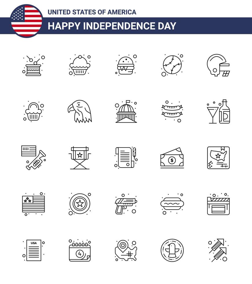 pacote de ícones de vetores de ações do dia americano 25 linhas e símbolos para futebol estados unidos de hambúrgueres americanos editáveis elementos de design de vetores do dia dos eua