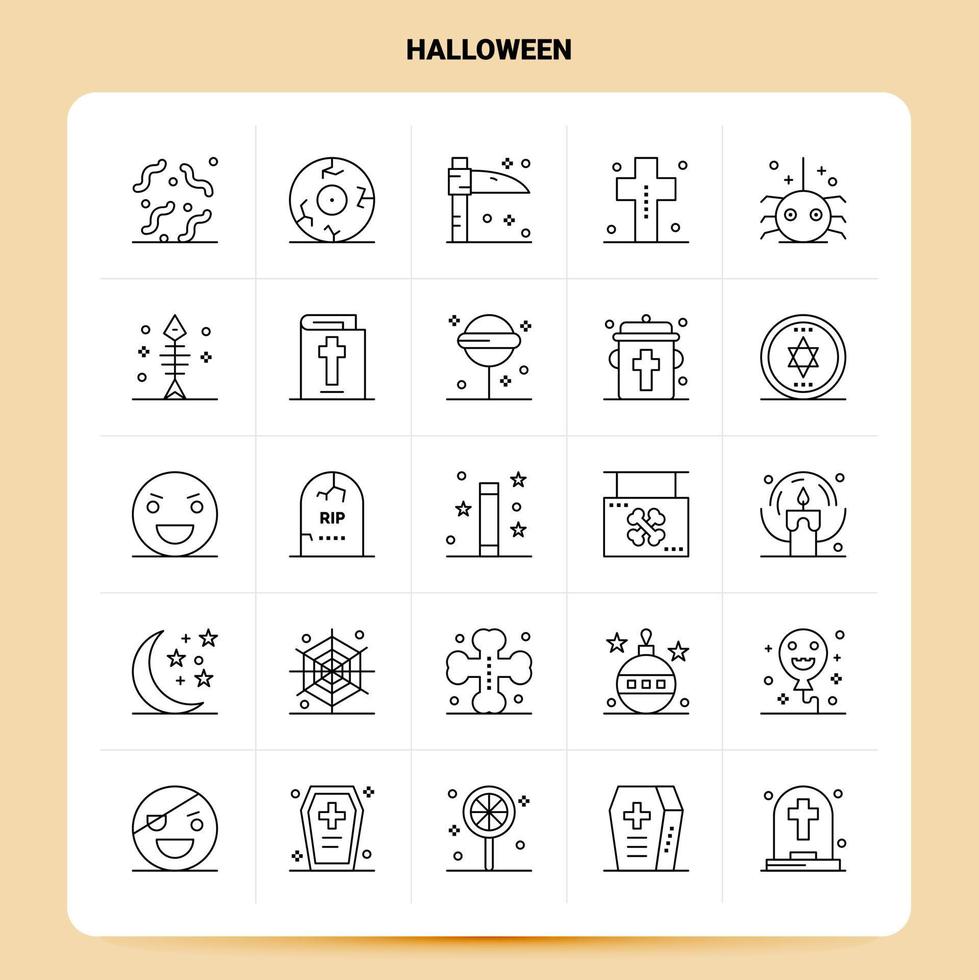 delinear 25 conjunto de ícones de halloween design de estilo de linha de vetor ícones pretos conjunto de pictograma linear pacote de ideias de negócios móveis e web design ilustração vetorial