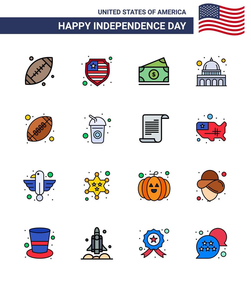 feliz dia da independência 16 linhas planas preenchidas pacote de ícones para web e impressão bola esportiva dinheiro wisconsin madison editável dia dos eua elementos de design vetorial vetor