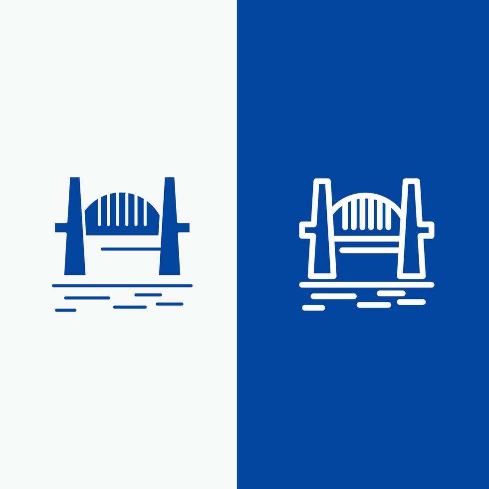 conjuntos de cidades de pontes da austrália porto de sydney linha e ícone sólido de glifo banner azul linha e ícone sólido de glifo banner azul vetor