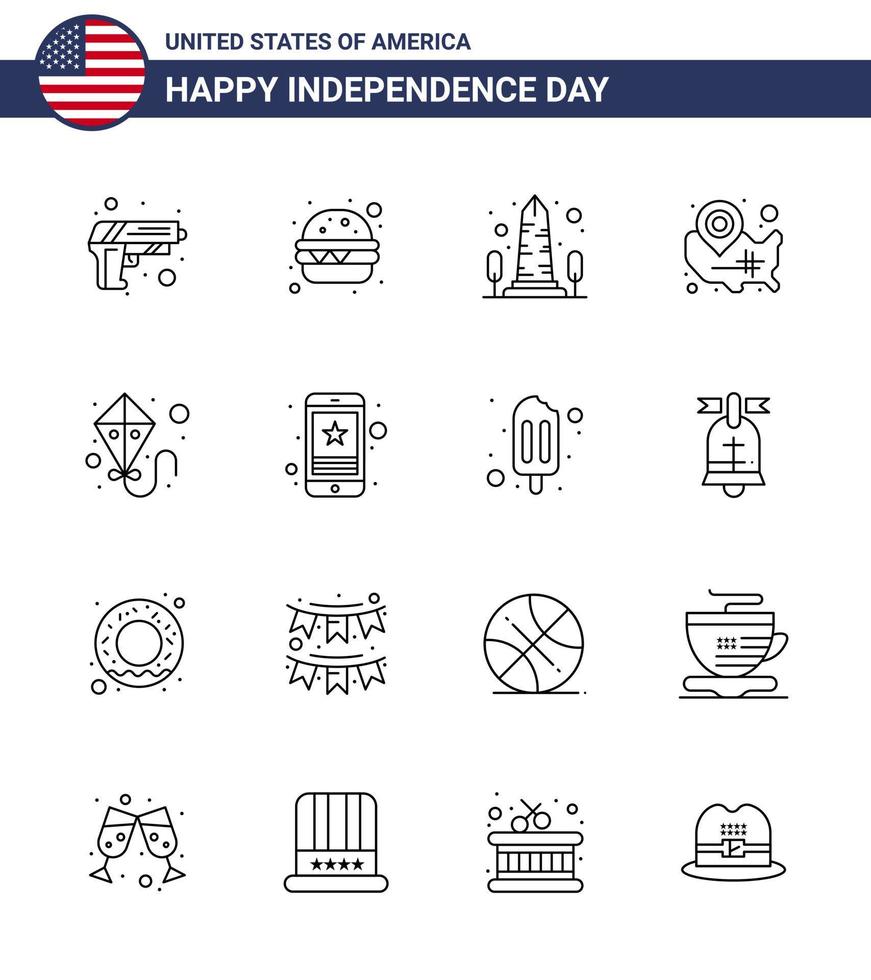 feliz dia da independência pacote de ícones de 16 linhas para web e impressão pipa monumento wisconsin mapa dos eua editável dia dos eua vetor elementos de design