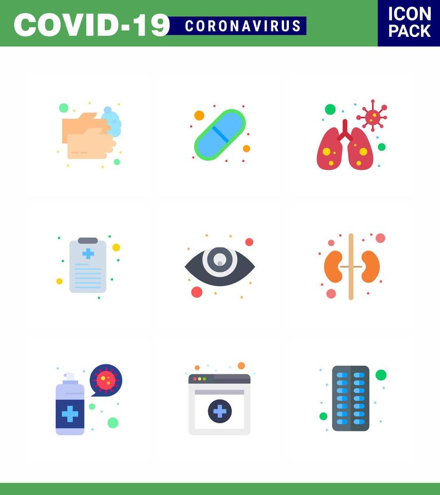 Pacote de ícones epidêmicos de coronavírus de 9 cores lisas como pílulas oftalmológicas para cuidados com os olhos relatam gráfico de saúde coronavírus viral 2019nov elementos de design de vetor de doença