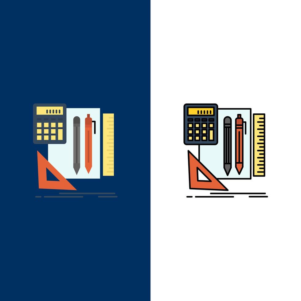 ícones de caneta de calculadora de livro estacionário plano e conjunto de ícones cheios de linha vector fundo azul