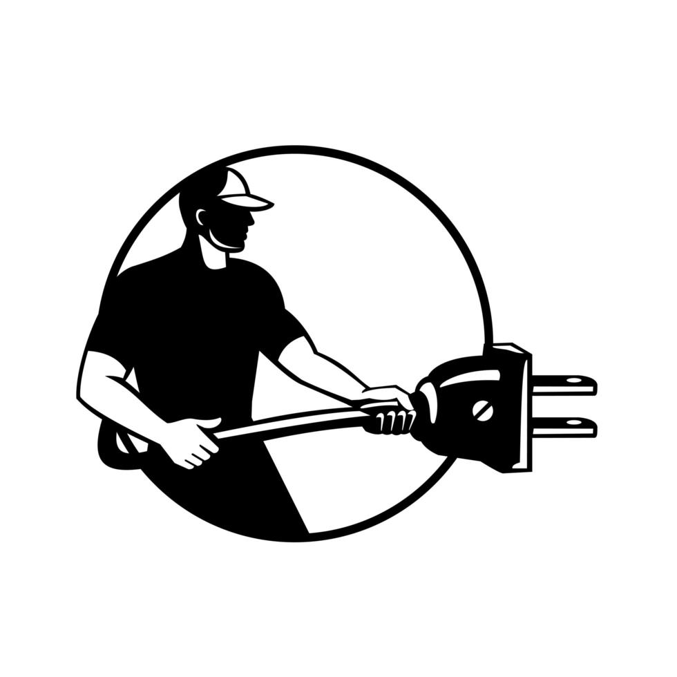 Eletricista mecânico elétrico carregando plugue elétrico círculo retro preto e branco vetor
