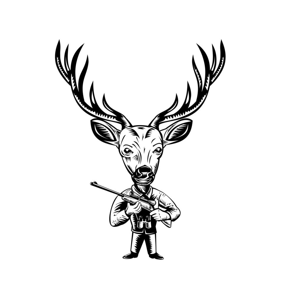 cervo ou veado caçador com rifle de caça em xilogravura retrô preto e branco vetor