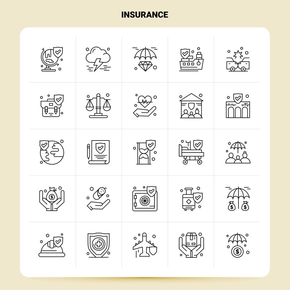 delinear 25 conjunto de ícones de seguro vetor design de estilo de linha ícones pretos conjunto de pictograma linear pacote de ideias de negócios móveis e web design ilustração vetorial