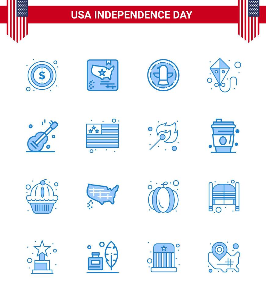 conjunto de 16 ícones do dia dos eua símbolos americanos sinais do dia da independência para eua guiter pipa voadora americana editável dia dos eua vetor elementos de design