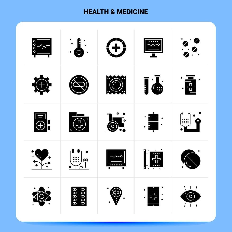 conjunto de ícones de medicina de saúde sólida 25 design de estilo de glifo vetorial conjunto de ícones pretos web e design de ideias de negócios móveis ilustração vetorial vetor