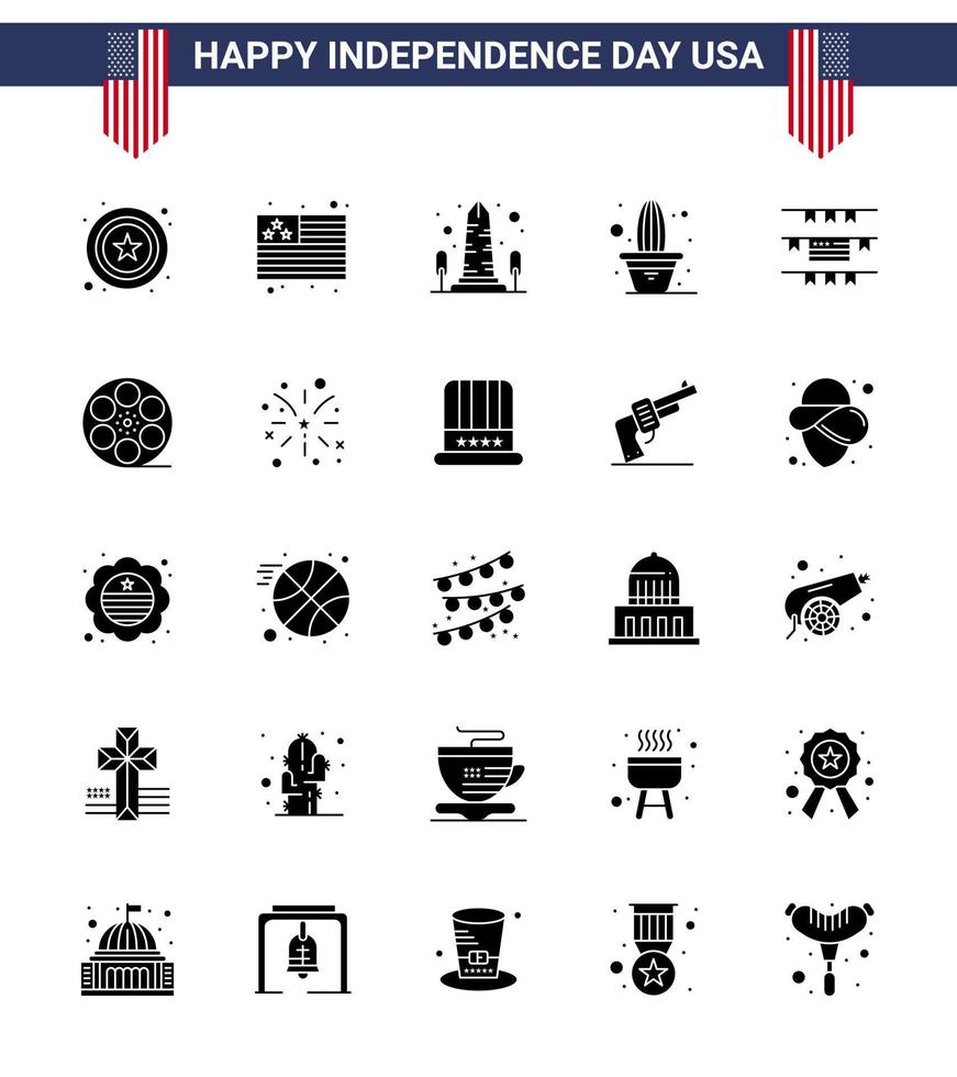 feliz dia da independência dos eua conjunto de pictogramas de 25 glifos sólidos simples de bandeiras americanas flor de pote de visão editável dia dos eua vetor elementos de design