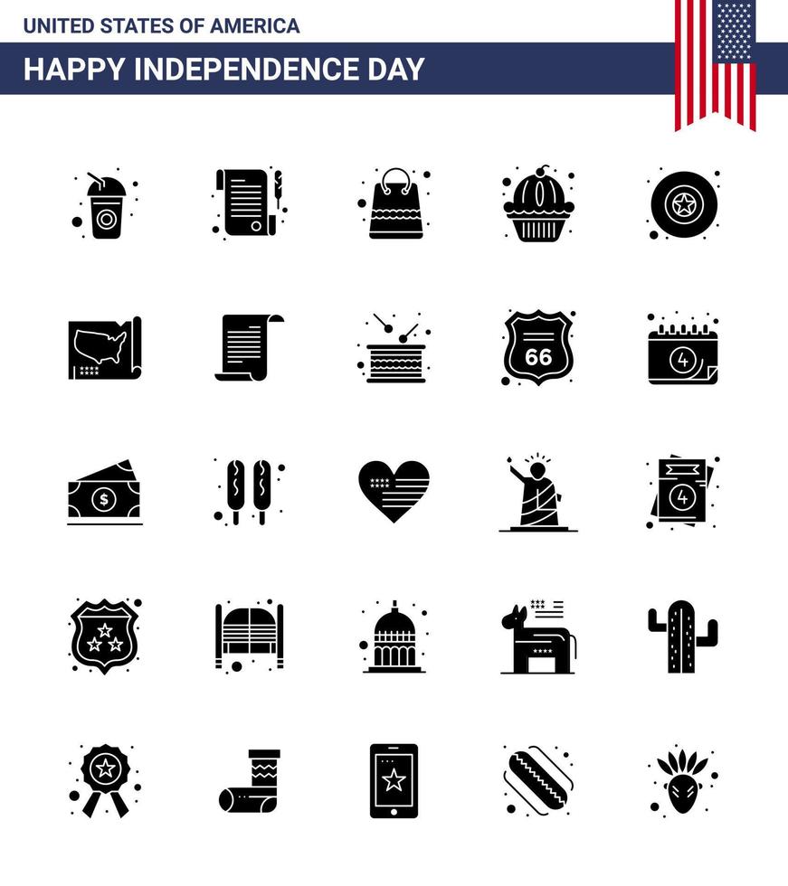 25 ícones criativos dos eua, sinais modernos de independência e símbolos de 4 de julho de distintivo de estrela, bolo de dinheiro, muffin editável, dia dos eua, vetor, elementos de design vetor
