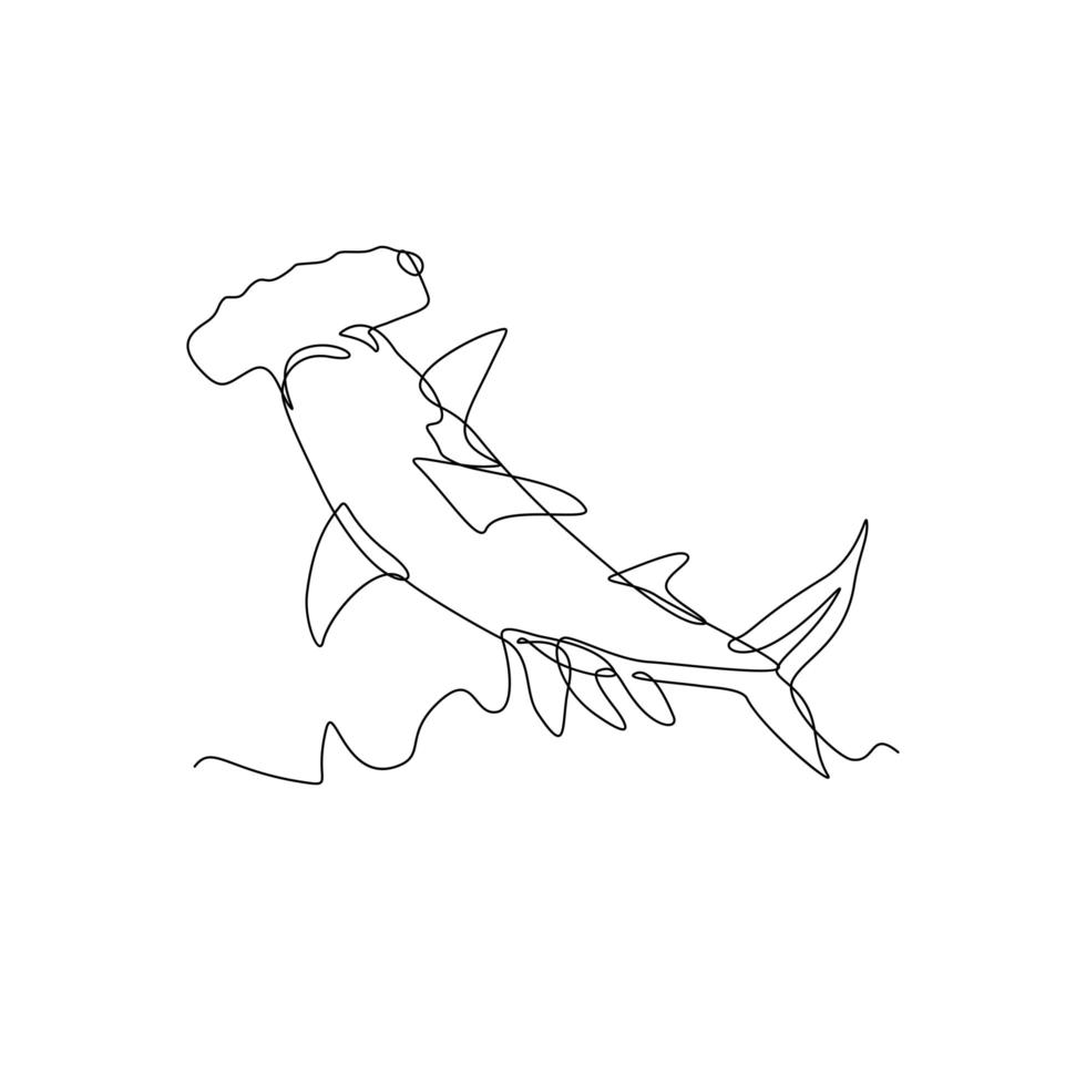 tubarão-martelo recortado ou sphyrna lewini pulando desenho de linha contínuo em preto e branco vetor