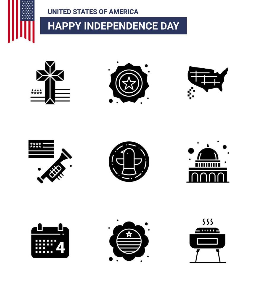 feliz dia da independência 4 de julho conjunto de 9 glifos sólidos pictograma americano de celebração estados americanos alto-falante americano editável dia dos eua elementos de design vetorial vetor