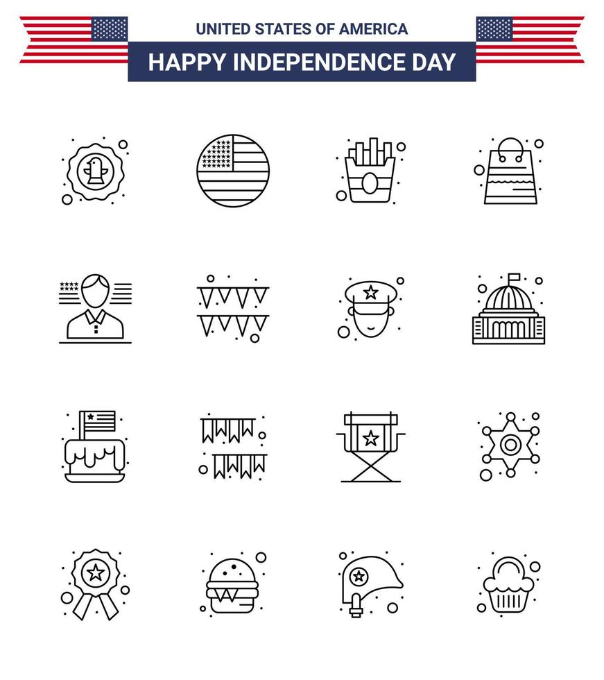 linha do dia da independência dos eua conjunto de 16 pictogramas dos eua da loja americana pacotes dos eua saco editável dia dos eua vetor elementos de design