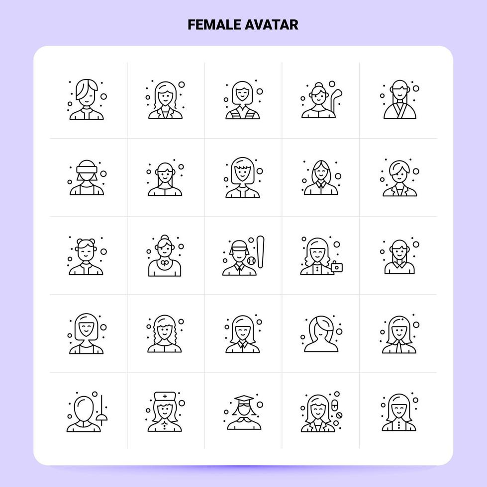 delinear 25 conjunto de ícones de avatar feminino vetor design de estilo de linha ícones pretos conjunto de pictograma linear pacote de ideias de negócios móveis e web design ilustração vetorial