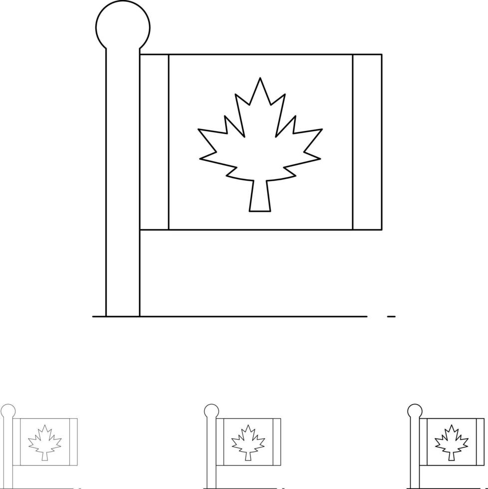 bandeira outono canadá folha maple negrito e fino conjunto de ícones de linha preta vetor