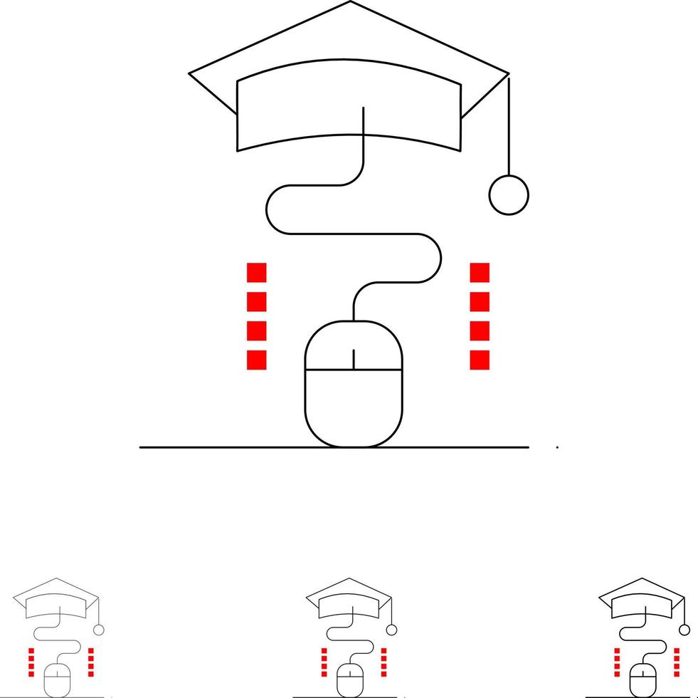 mouse graduação educação on-line conjunto de ícones de linha preta fina e ousada vetor