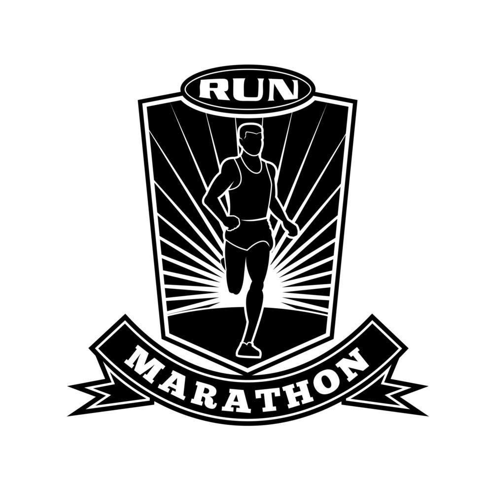 corredor de maratona correndo escudo frontal retro preto e branco vetor